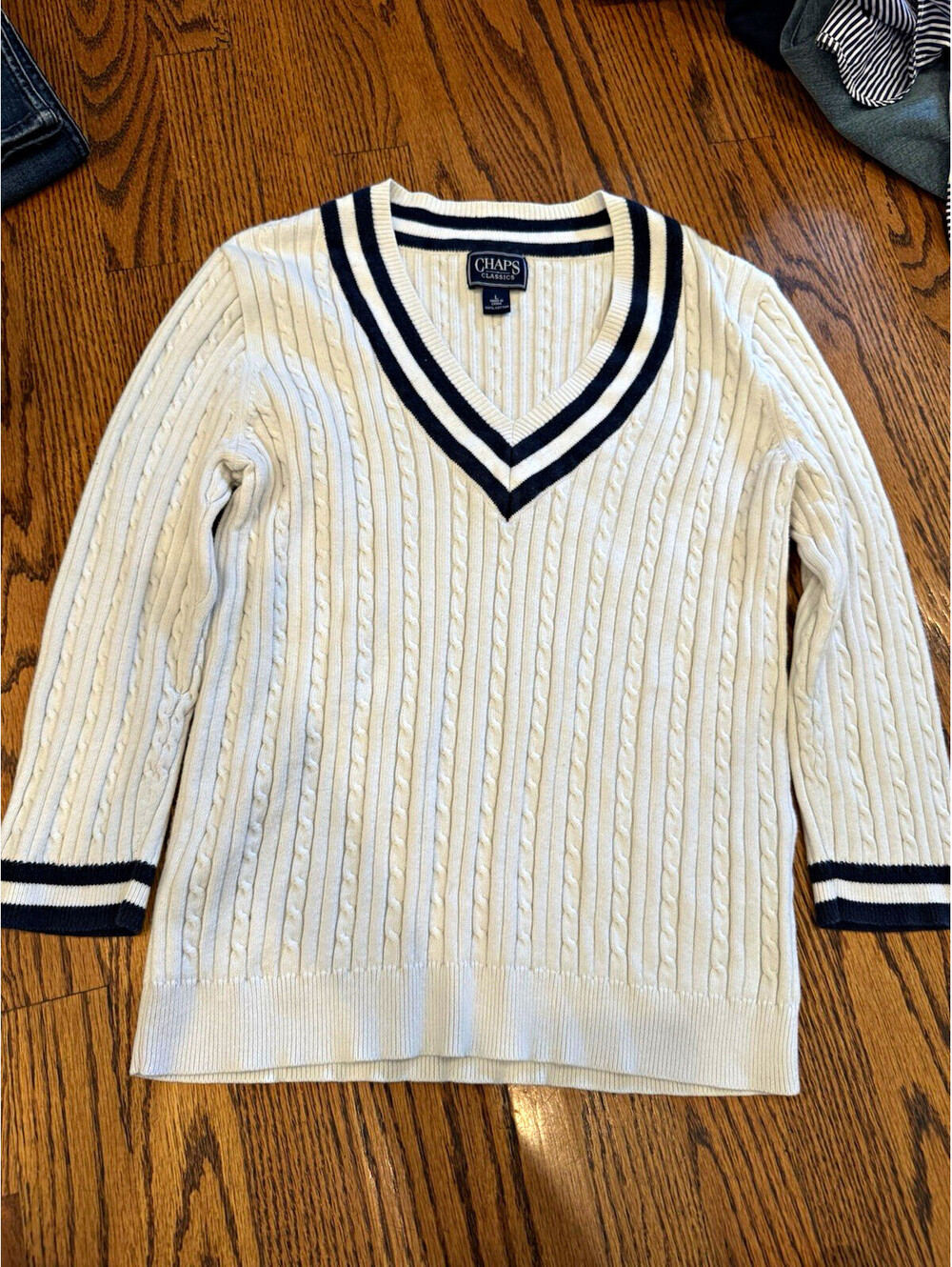Chaps womens L Cable-Knit V-Neck Pullover Sweater Ivory Navy Striped